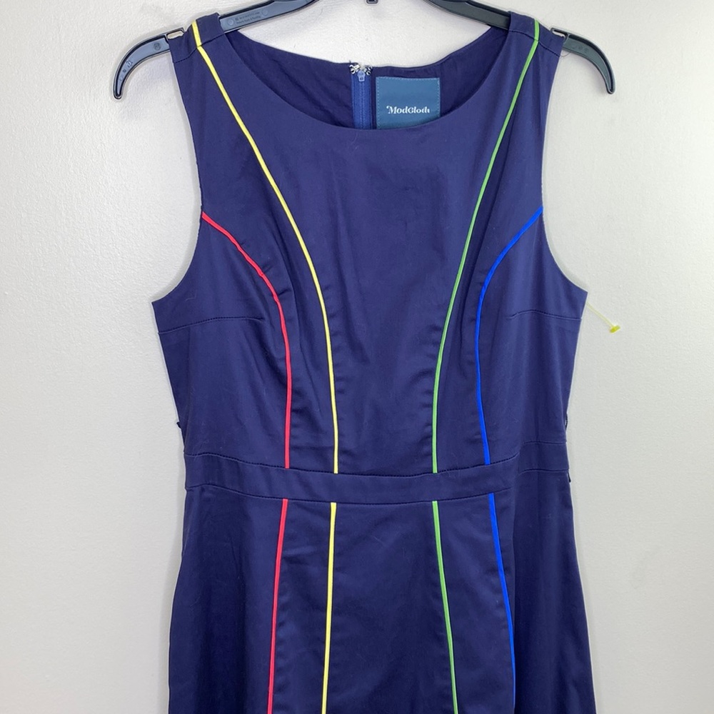 NWT ModCloth Lined Navy Blue Striped Fit and Flare Dress SZ L Retro 50s Vibe